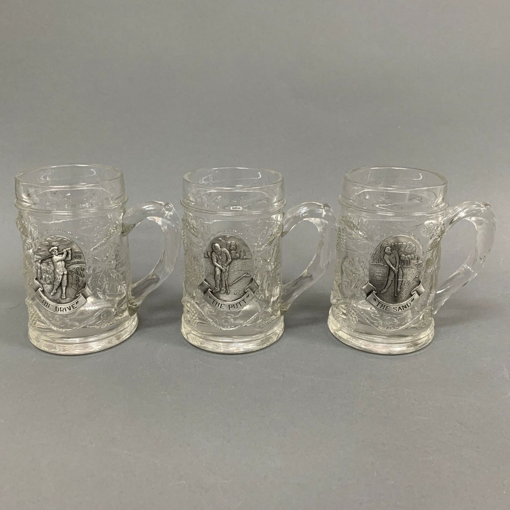 Indiana Glass Fort Mug Stein Golf Theme Vines Grapes Heavy Clear Lot of 3